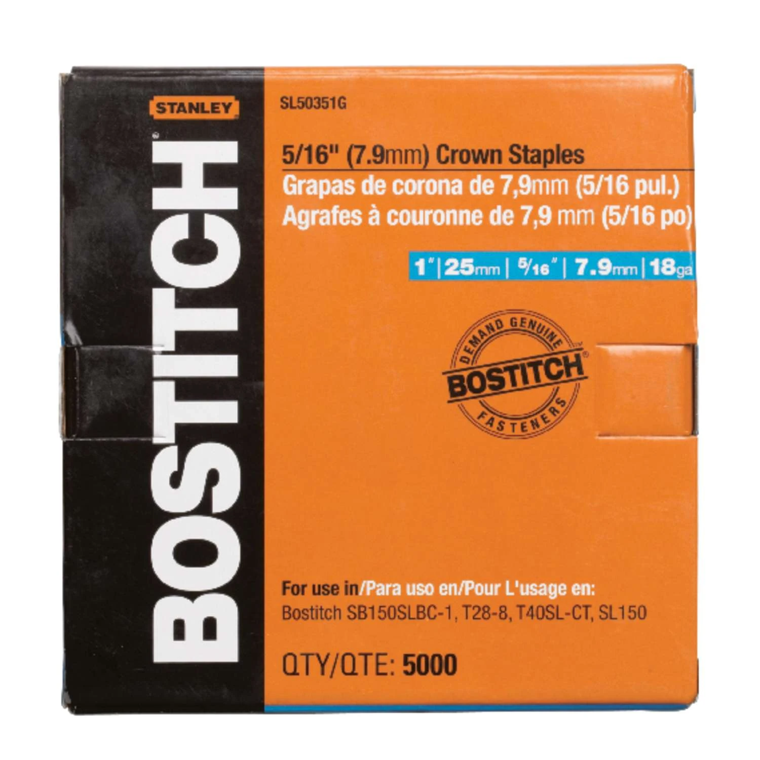 Bostitch SL 5/16 In. W X 1 In. L 18 Ga. Narrow Crown Staples 5000 Pk 3 Bostitch SL 5/16 In. W X 1 In. L 18 Ga. Narrow Crown Staples 5000 Pk