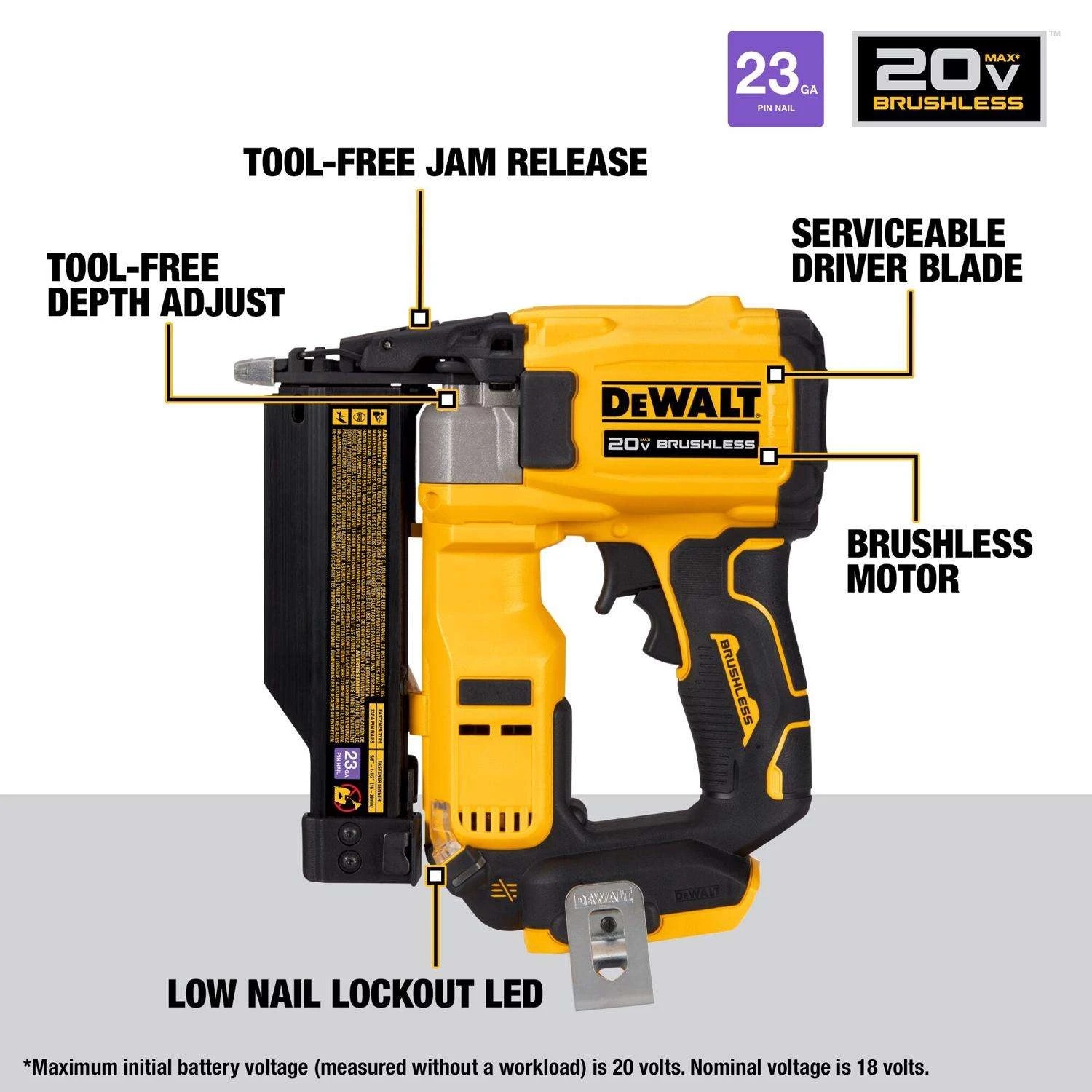 DeWalt 20V MAX 23 Ga. Cordless Compact Pin Nailer Tool Only 20 V 4 DeWalt 20V MAX 23 Ga. Cordless Compact Pin Nailer Tool Only 20 V - Image 2