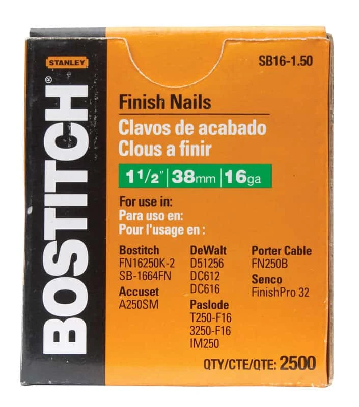 Bostitch 1-1/2 In. 16 Ga. Straight Strip Coated Finish Nails 2500 Pk 3 Bostitch 1-1/2 In. 16 Ga. Straight Strip Coated Finish Nails 2500 Pk