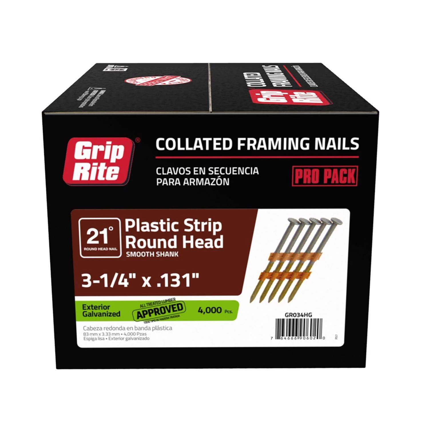 Grip-Rite 3-1/4 In. 10 Ga. Plastic Strip Hot-Dip Galvanized Framing Nails 21 Deg 4000 Pk 3 Grip-Rite 3-1/4 In. 10 Ga. Plastic Strip Hot-Dip Galvanized Framing Nails 21 Deg 4000 Pk