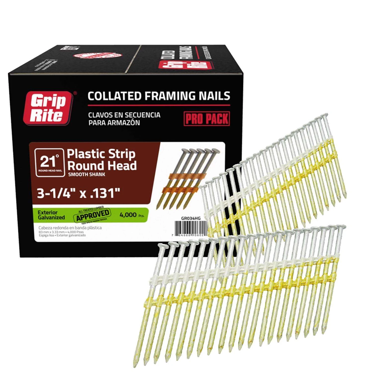 Grip-Rite 3-1/4 In. 10 Ga. Plastic Strip Hot-Dip Galvanized Framing Nails 21 Deg 4000 Pk 4 Grip-Rite 3-1/4 In. 10 Ga. Plastic Strip Hot-Dip Galvanized Framing Nails 21 Deg 4000 Pk - Image 2