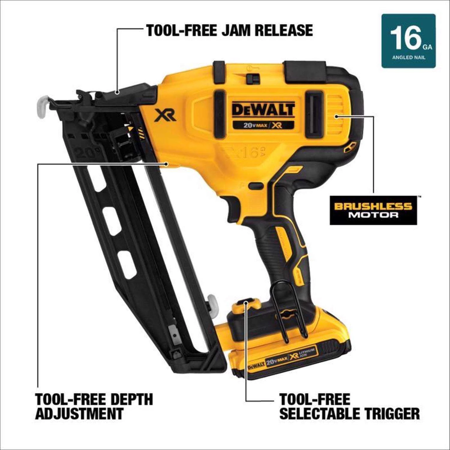 DeWalt 20V MAX XR 16 Ga. Cordless 20 Deg Angled Finish Nailer 20 V 4 DeWalt 20V MAX XR 16 Ga. Cordless 20 Deg Angled Finish Nailer 20 V - Image 2