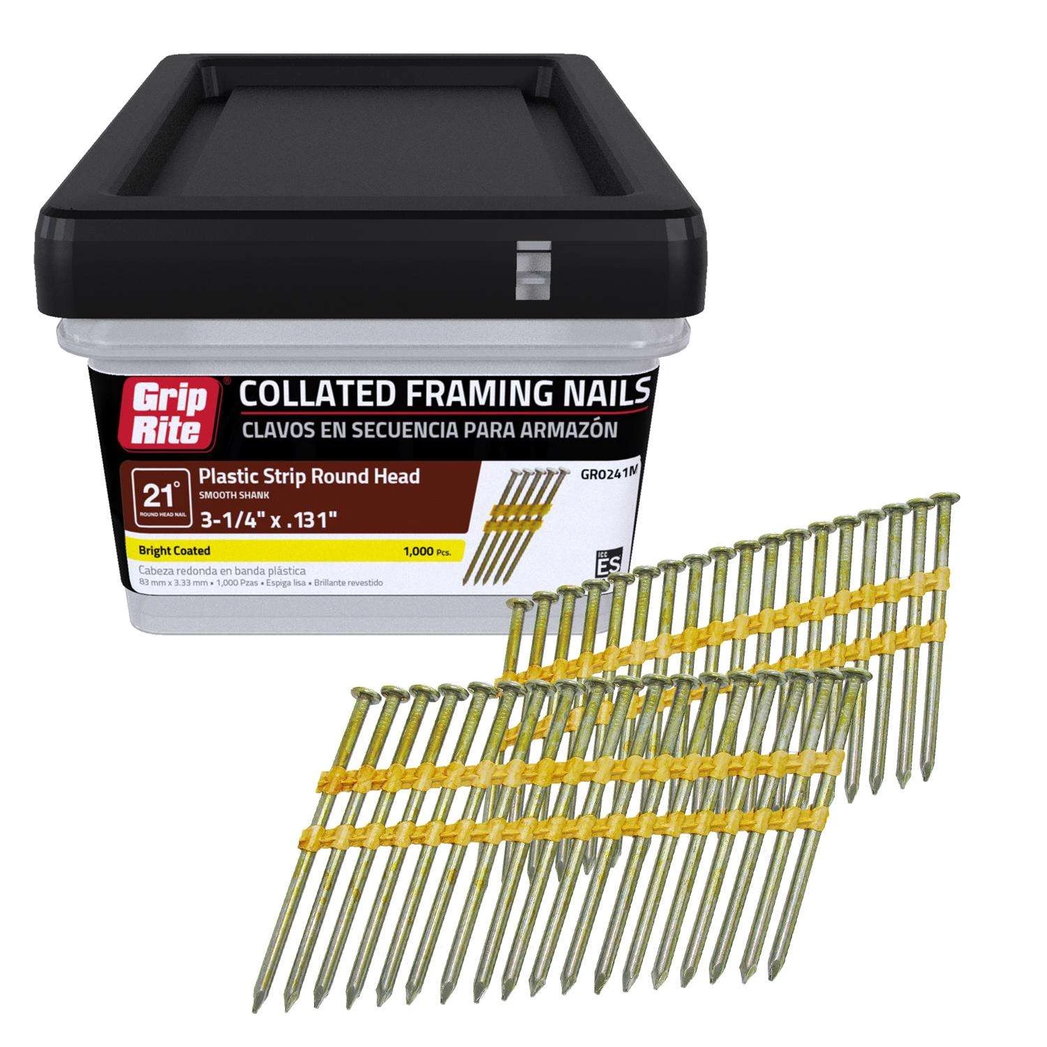 Grip-Rite 3-1/4 In. 10-1/4 Ga. Angled Strip Brite Framing Nails 21 Deg 1000 Pk 4 Grip-Rite 3-1/4 In. 10-1/4 Ga. Angled Strip Brite Framing Nails 21 Deg 1000 Pk - Image 2