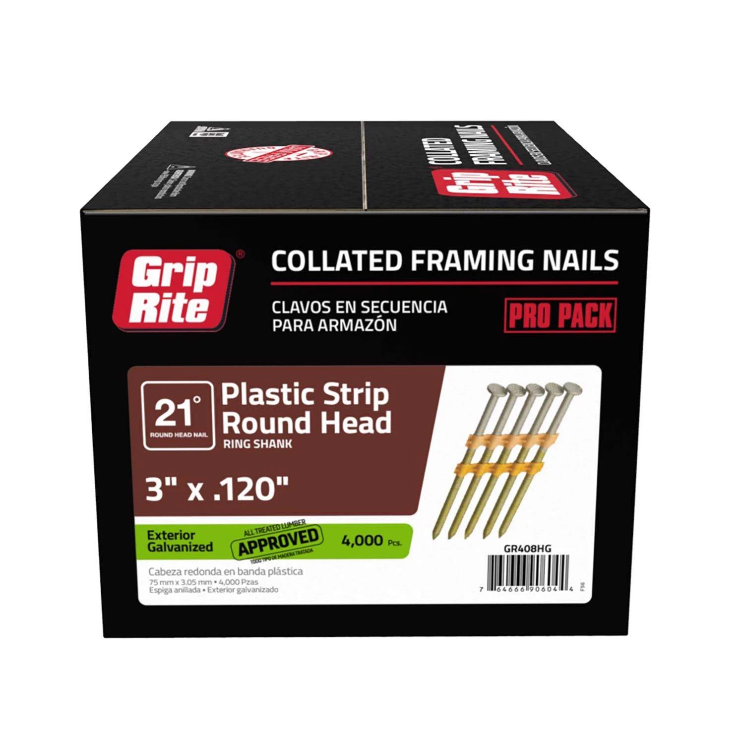 Grip-Rite 3 In. 11 Ga. Angled Strip Hot-Dip Galvanized Framing Nails 21 Deg 4000 Pk 3 Grip-Rite 3 In. 11 Ga. Angled Strip Hot-Dip Galvanized Framing Nails 21 Deg 4000 Pk