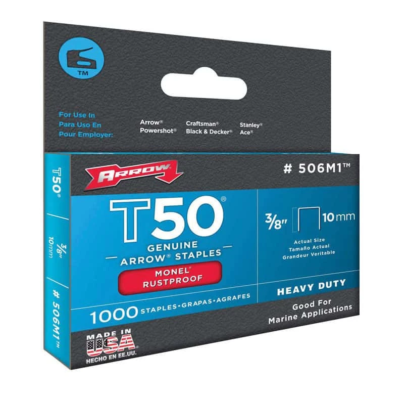Arrow Monel T50 3/8 In. W X 3/8 In. L 18 Ga. Flat Crown Heavy Duty Staples 1000 Pk 3 Arrow Monel T50 3/8 In. W X 3/8 In. L 18 Ga. Flat Crown Heavy Duty Staples 1000 Pk