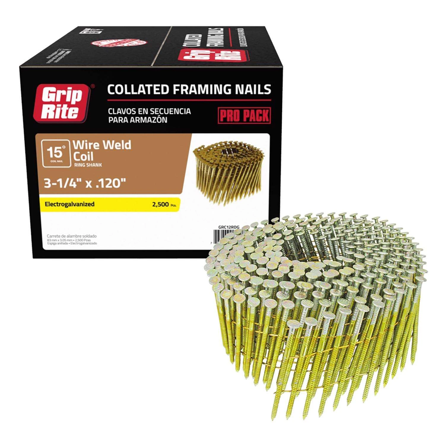 Grip-Rite 3-1/4 In. 11 Ga. Angled Coil Electro Galvanized Framing Nails 15 Deg 2500 Pk 4 Grip-Rite 3-1/4 In. 11 Ga. Angled Coil Electro Galvanized Framing Nails 15 Deg 2500 Pk - Image 2