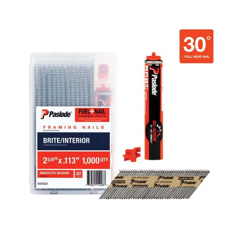 Paslode RounDrive 2-3/8 In. 16 Ga. Angled Strip Brite Fuel And Nail Kit 30 Deg 1000 Pk 3 Paslode RounDrive 2-3/8 In. 16 Ga. Angled Strip Brite Fuel And Nail Kit 30 Deg 1000 Pk