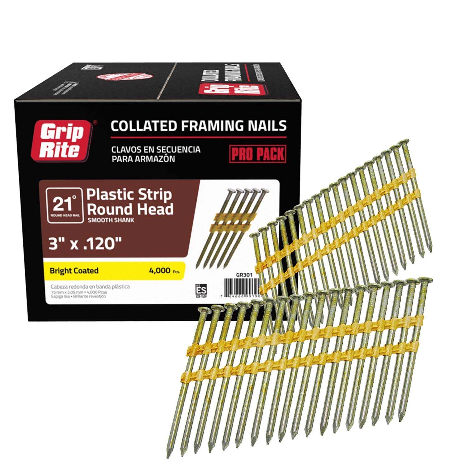 Grip-Rite 3 In. 11 Ga. Angled Strip Bright Framing Nails 21 Deg 4000 Pk 3 Grip-Rite 3 In. 11 Ga. Angled Strip Bright Framing Nails 21 Deg 4000 Pk